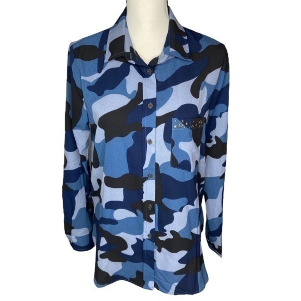 Grifflin Paris Blue Camouflage Top Long Sleeve Button Down Top Size S‎